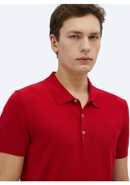 Kırmızı Polo Yaka Düz Örgü Triko