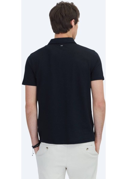 Siyah Desenli Polo Yaka Pamuk Karışımlı T-Shirt