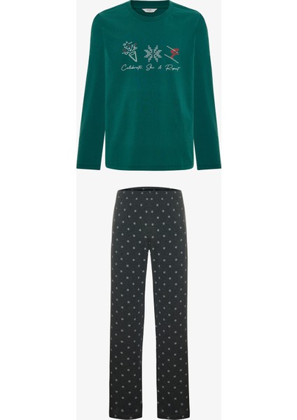 Yeşil Erkek Bisiklet Yaka Ekoseli Pamuklu Pijama Takımı