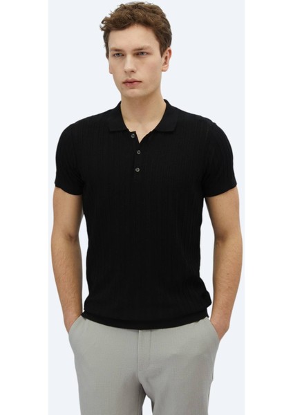 Siyah Polo Yaka Desenli Triko