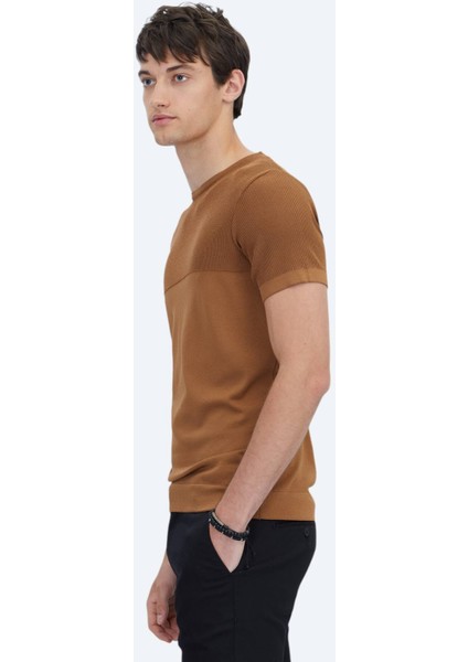 Kahverengi Bisiklet Yaka Desenli Triko