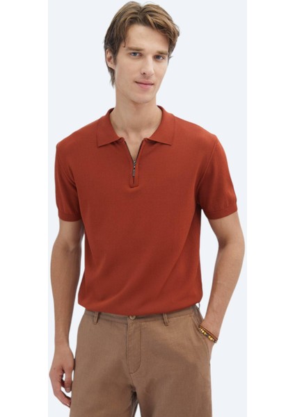 Kiremit Polo Yaka Düz Örgü Triko