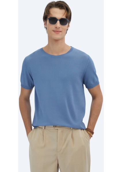 Havacı Mavi Bisiklet Yaka Düz Örgü Triko