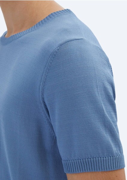 Havacı Mavi Bisiklet Yaka Düz Örgü Triko