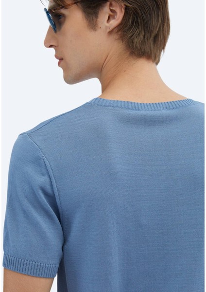 Havacı Mavi Bisiklet Yaka Düz Örgü Triko