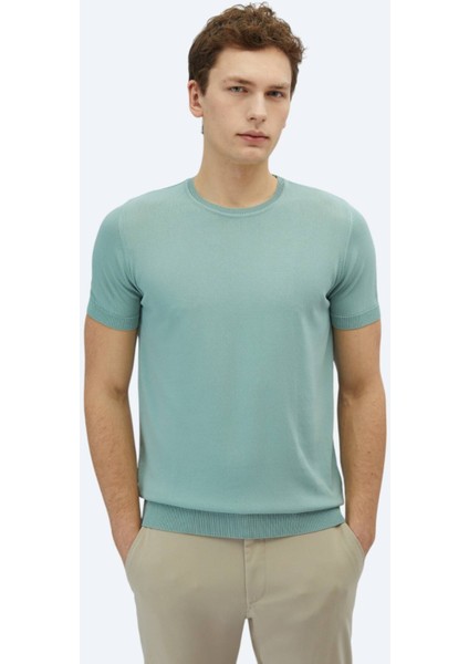 Su Yeşili Bisiklet Yaka Düz Örgü Triko