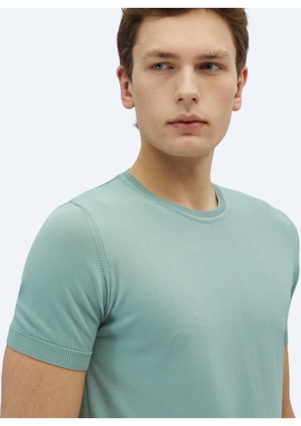 Su Yeşili Bisiklet Yaka Düz Örgü Triko