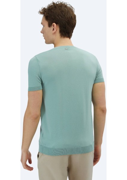 Su Yeşili Bisiklet Yaka Düz Örgü Triko