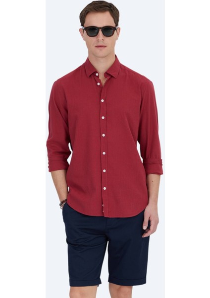 Kırmızı Düz Regular Fit Dokuma Casual %100 Pamuk Gömlek