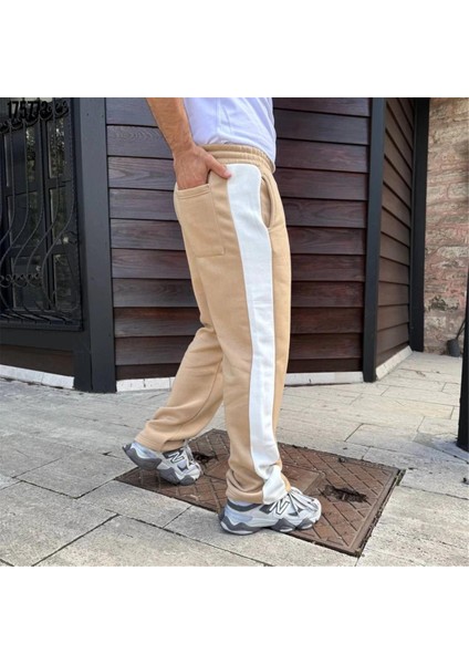 Erkek Üç Iplik Kışlık Pamuklu Yandan Garneli Kalın Şeritli Cepli Eşofman Altı - Bej fırsatları