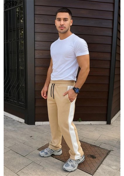 Erkek Üç Iplik Kışlık Pamuklu Yandan Garneli Kalın Şeritli Cepli Eşofman Altı - Bej indirimleri