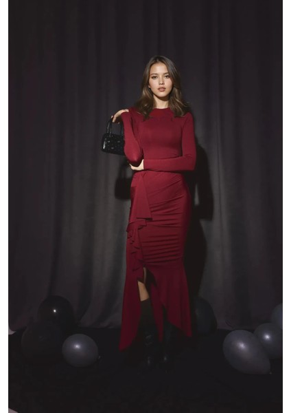 Kadın Premium Volan Detaylı Vücuda Oturan Maxi Elbise Bordo Kırmızı