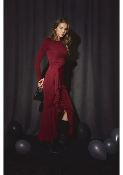 Kadın Premium Volan Detaylı Vücuda Oturan Maxi Elbise Bordo Kırmızı