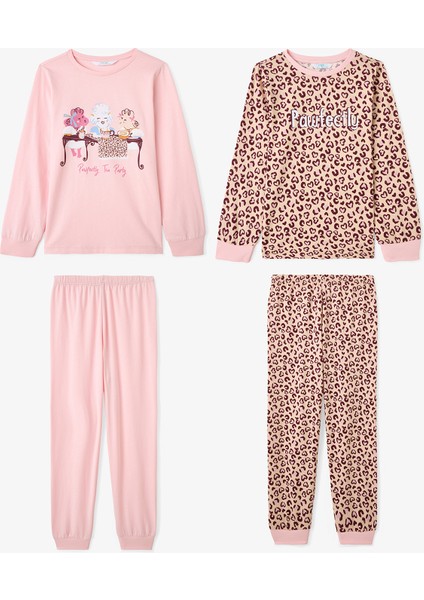 Kız Çocuk Pawfectly Leopar Desenli Pamuklu 2'li Uzun Kollu Pijama Takımı