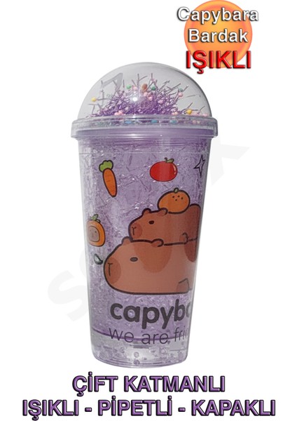 Capybara Çift Cidarlı, Işıklı, Pipetli, Kapaklı Bardak