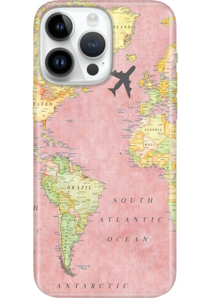 iPhone 15 Pro Max Kılıf Desenli Baskılı Tpu Rubber Kapak Pembe Harita
