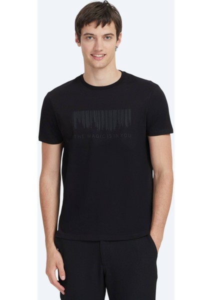 Siyah Baskılı Bisiklet Yaka %100 Pamuk T-Shirt