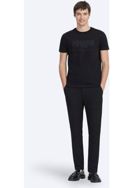 Siyah Baskılı Bisiklet Yaka %100 Pamuk T-Shirt