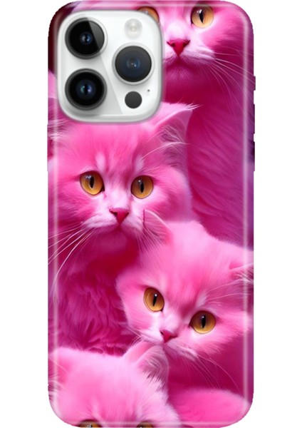 iPhone 15 Pro Max Kılıf Desenli Baskılı Tpu Rubber Kapak Pembe Kediler