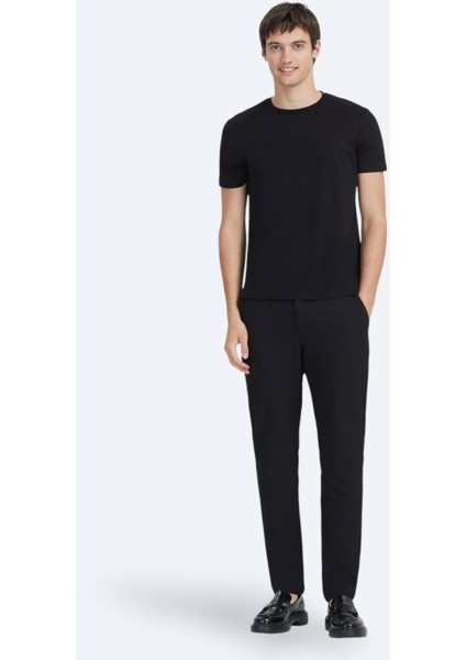 Siyah Düz Bisiklet Yaka %100 Pamuk T-Shirt