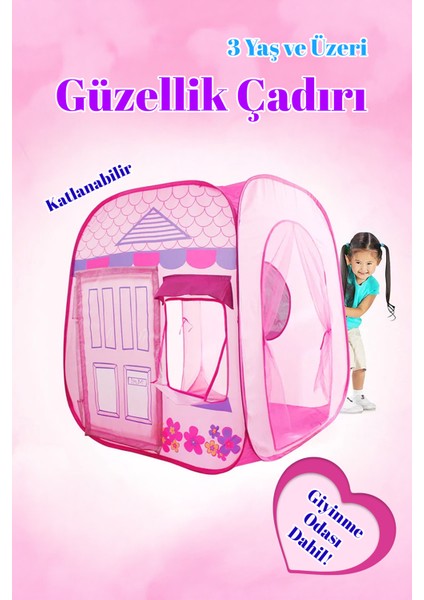 Kız Çocuk Oyun Çadırı Ev Güzellik Evi Katlanabilir Fileli Pencere Raflı Taşıma Çantalı 92X92X102 cm fiyatları