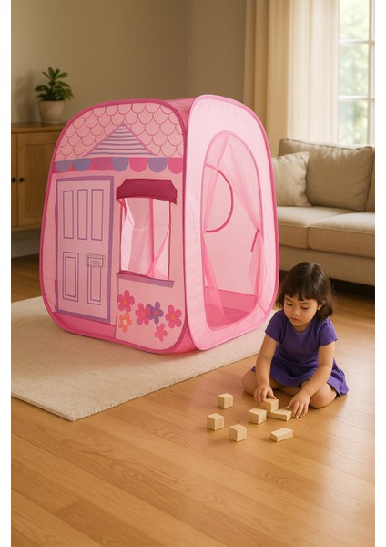 Kız Çocuk Oyun Çadırı Ev Güzellik Evi Katlanabilir Fileli Pencere Raflı Taşıma Çantalı 92X92X102 cm