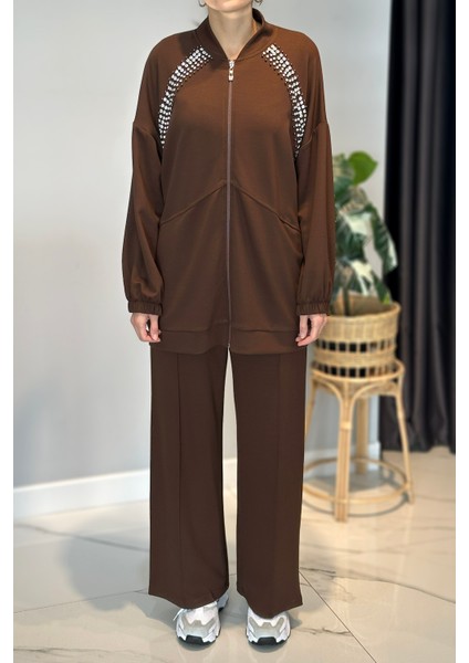 Önü Taş Detay Penye Takım 2015 Kahverengi