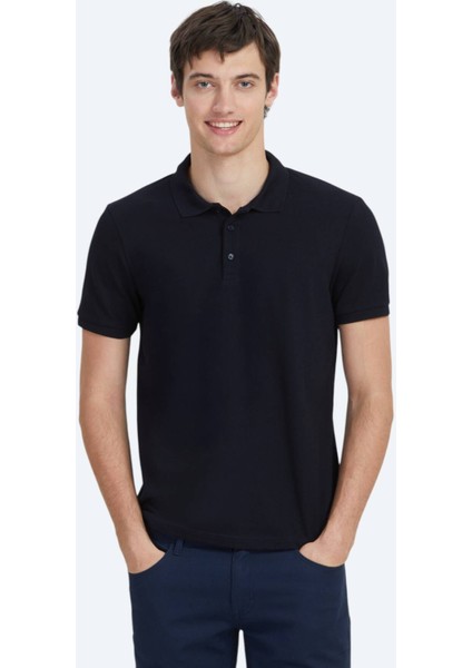 Lacivert Düz Polo Yaka %100 Pamuk T-Shirt