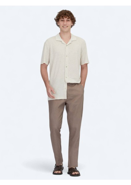 Bej Desenli Regular Fit Casual Keten Karışımlı Gömlek