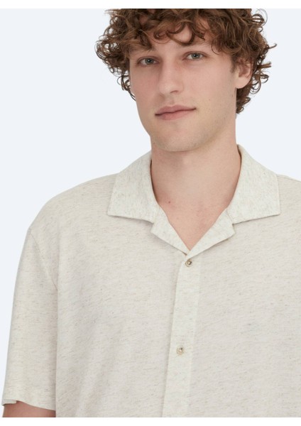 Bej Desenli Regular Fit Casual Keten Karışımlı Gömlek