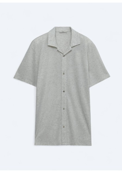 Bej Desenli Regular Fit Casual Keten Karışımlı Gömlek