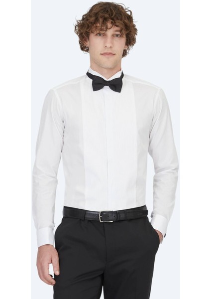 Beyaz Düz Slim Fit Duble Manşet Ata Yaka Smokin Gömlek fiyatları