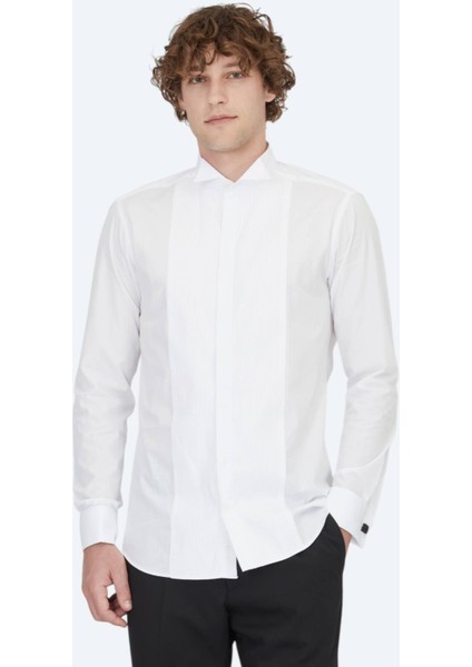 Beyaz Düz Slim Fit Duble Manşet Ata Yaka Smokin Gömlek fırsatları
