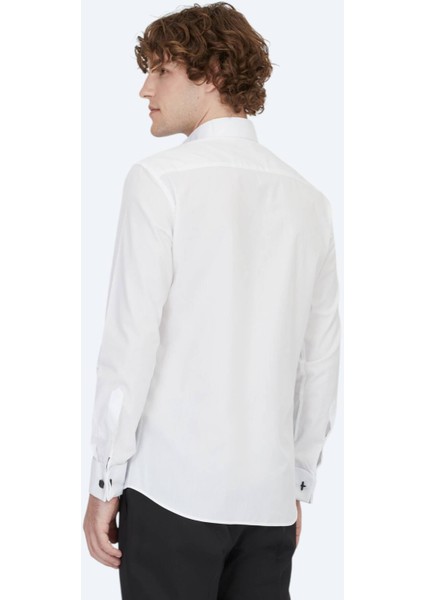 Beyaz Düz Slim Fit Duble Manşet Ata Yaka Smokin Gömlek