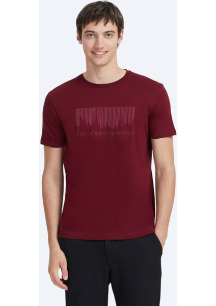 Bordo Baskılı Bisiklet Yaka %100 Pamuk T-Shirt