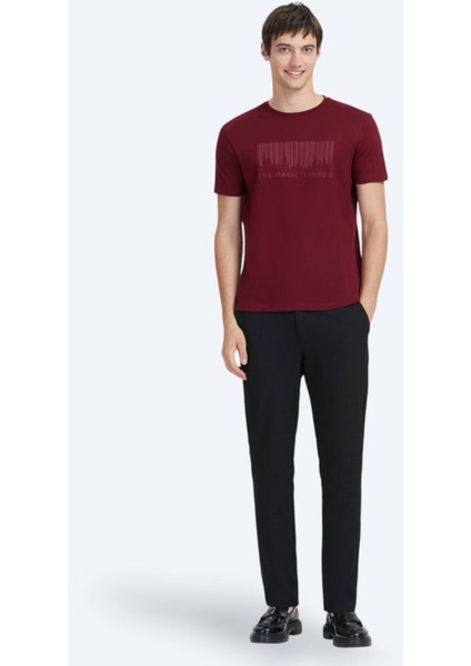 Bordo Baskılı Bisiklet Yaka %100 Pamuk T-Shirt