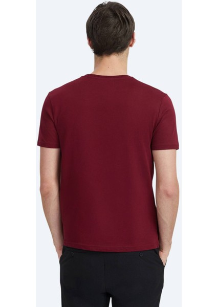 Bordo Baskılı Bisiklet Yaka %100 Pamuk T-Shirt