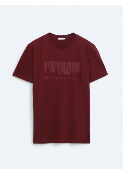 Bordo Baskılı Bisiklet Yaka %100 Pamuk T-Shirt