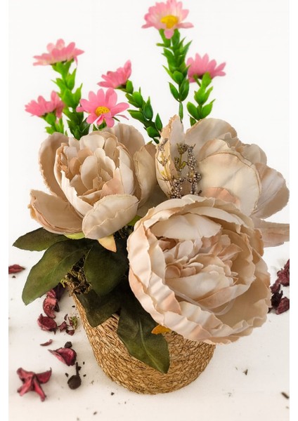 Hasır Saksıda Şampanya Şakayık & Pembe Daisy Aranjmanı