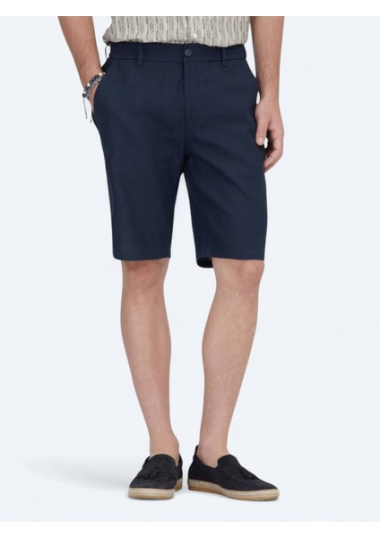 Lacivert Dokuma Jogging Fit Casual Pamuk Karışımlı Bermuda