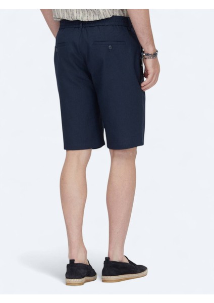 Lacivert Dokuma Jogging Fit Casual Pamuk Karışımlı Bermuda