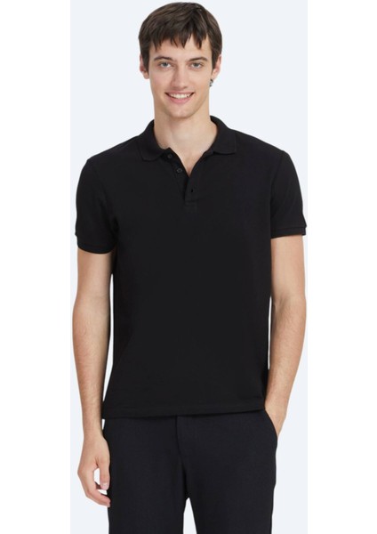 Siyah Düz Polo Yaka %100 Pamuk T-Shirt