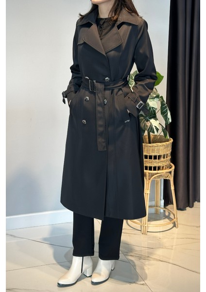 Çıkartılabilir Broş ve Leopar Astar Detay Trençkot 6350 Siyah