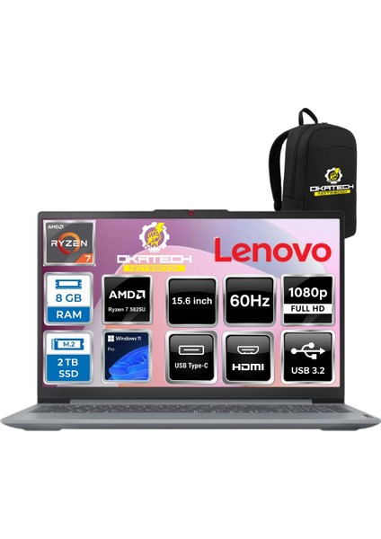 Ideapad Slim 3 15ABR8 Ryzen 7 5825U 8 GB Ram Ddr4 2 Tb Nvm SSD Radeon Graphics 15.6" Full Hd Notebook + Okatech Çanta