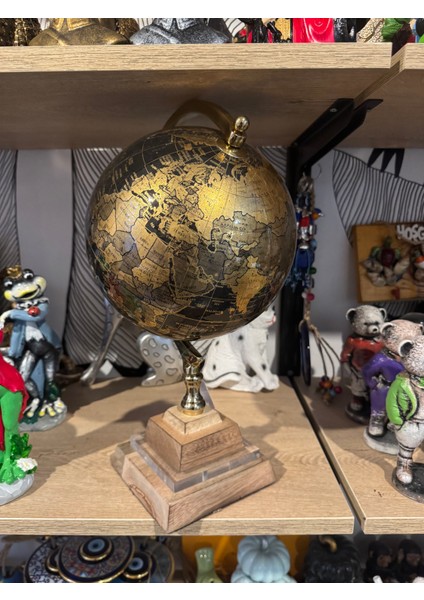 Dekoratif Ahşap Ayaklı Pirinç Dünya Küre Obje