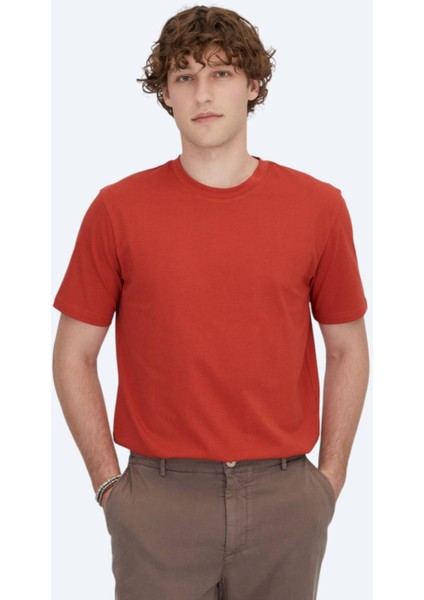 Koyu Turuncu Bisiklet Yaka %100 Pamuk T-Shirt fiyatları