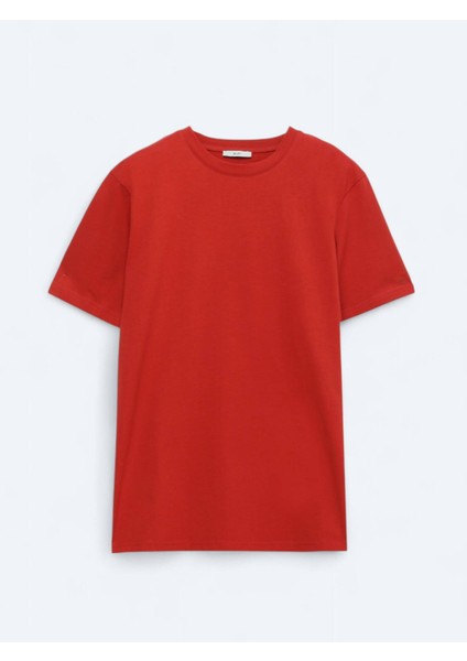 Koyu Turuncu Bisiklet Yaka %100 Pamuk T-Shirt