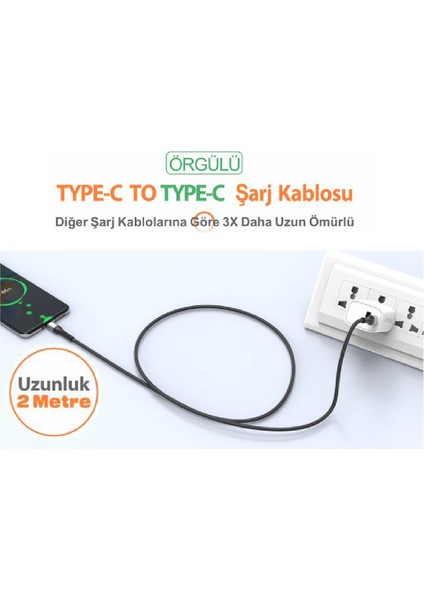 Pd Type-C Hızlı Şarj Kablosu 120W 2 mt — iPad Air 5 / Xiaomi Pad 6 / Samsung Tab S8+ / Huawei Matepad 10.4 (Esnek) modelleri