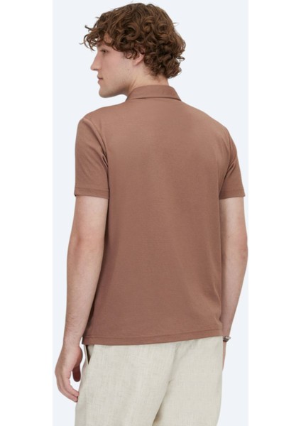 Kahverengi Polo Yaka Pamuk Karışımlı T-Shirt