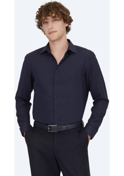 Lacivert Düz Slim Fit Dokuma Klasik Pamuk Karışımlı Gömlek indirimleri